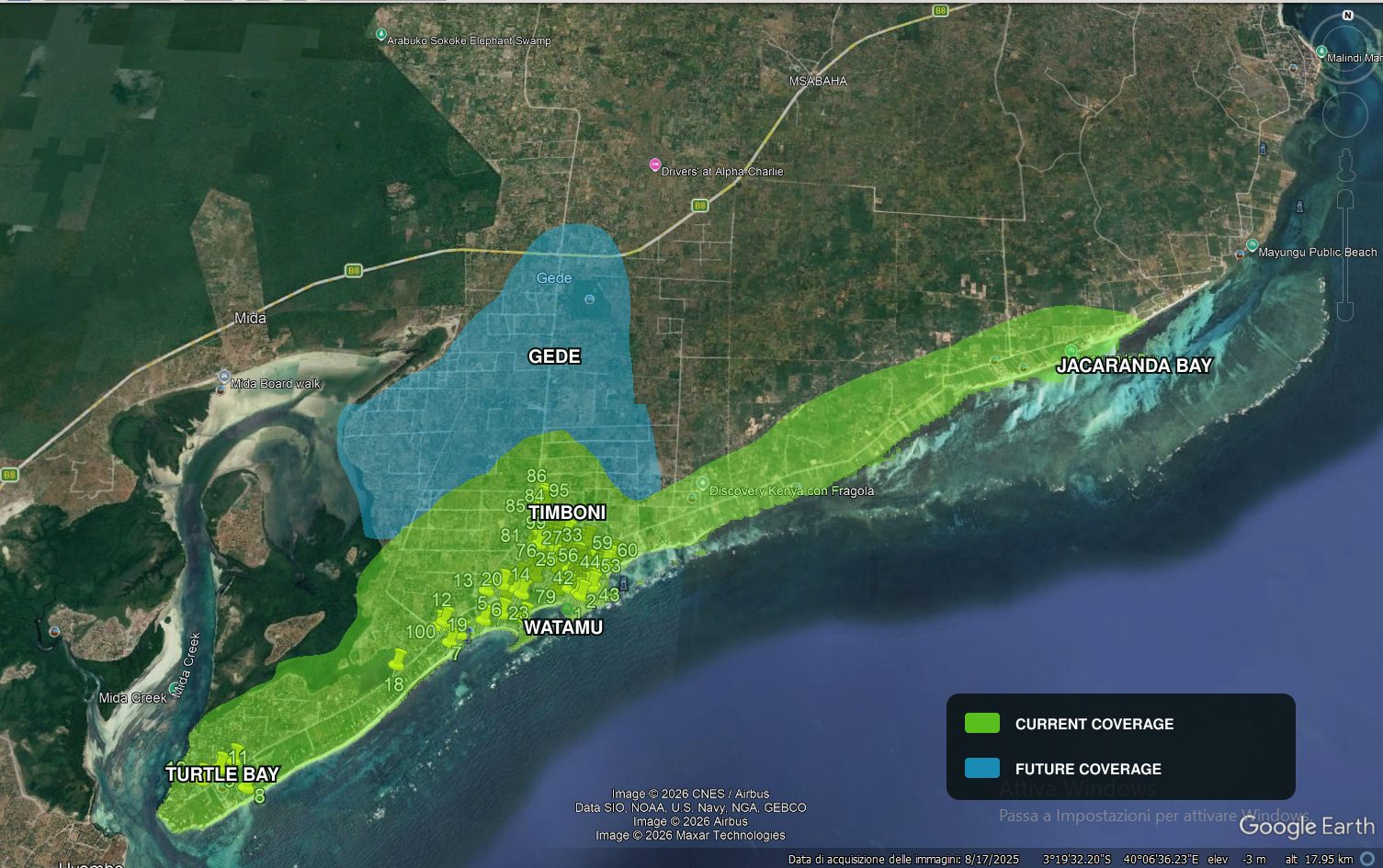 KEWASTE coverage map: green zones are active (Turtle Bay, Watamu, Timboni, Jacaranda), blue is the next expansion (Gede)